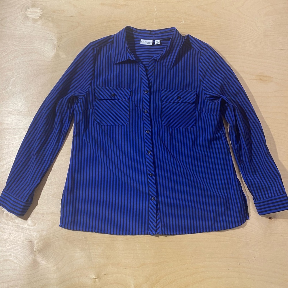 Kim Rogers Blue and Black Striped Button Up Top PL (QS)